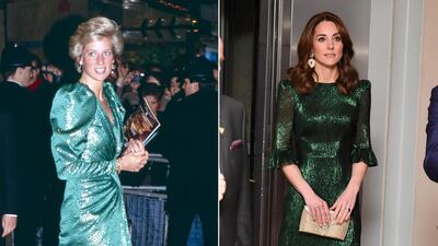 Left: Diana, Princess of Wales wears a green gown to attend the London premiere of 'The Hunt for Red October', on April 17, 1990. Right: The Duchess of Cambridge wears The Vampire's Wife to attend a reception at the Guinness Storehouses Gravity Bar in Dublin, Ireland on Tuesday, March 3, 2020. Getty Images