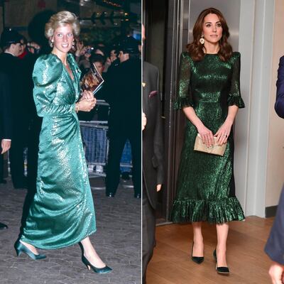 Left: Diana, Princess of Wales wears a green gown to attend the London premiere of 'The Hunt for Red October', on April 17, 1990. Right: The Duchess of Cambridge wears The Vampire's Wife to attend a reception at the Guinness Storehouses Gravity Bar in Dublin, Ireland on Tuesday, March 3, 2020. Getty Images
