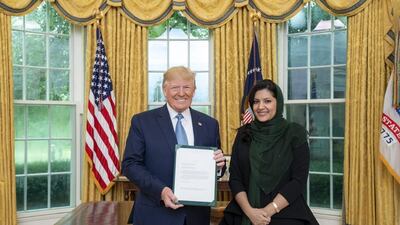 Princess Reema bint Bandar Al Saud, Riyadh’s new ambassador to the US, presents her credentials to President Donald Trump at the White House. Courtesy: @rbalsaud