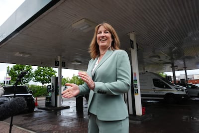 Britain's Chancellor Rachel Reeves at a petrol station near Leeds. AFP