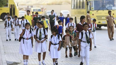 Students return for the first day of school at a Dubai private school. Zenda allows parents to track school fees and make payments through pay-now and pay-later options. Sarah Dea / The National