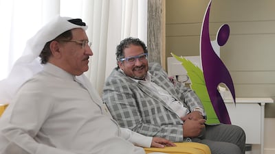 Dr Abdulqadar Al Khayyat, chairman of the Erada centre, chats with judge Hatem Fouad Aly, the UNODC's representative and head of sub-regional office for the GCC. Satish Kumar / For the National