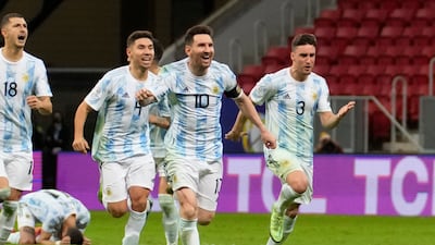 Lionel Messi and teammates celebrate after Argentina defeat Colombia in a penalty shootout in the Copa America semi-finals.