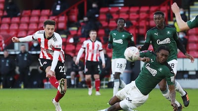 Sheffield United's Ethan Ampadu shoots at goal. Reuters
