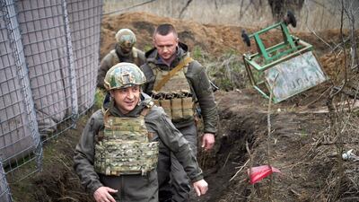 Ukraine's President Volodymyr Zelensky on a tour to the eastern Ukrainian conflict zone. Concerns are growing that the long-simmering conflict there could erupt into a widespread fighting. AP