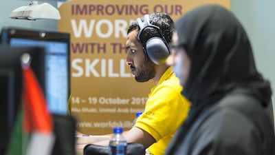 Salem Saleh from Abu Dhabi Polytechnic and Nour Al Kaabi from Khalifa University during a test project for World Skills. Christopher Pike / The National