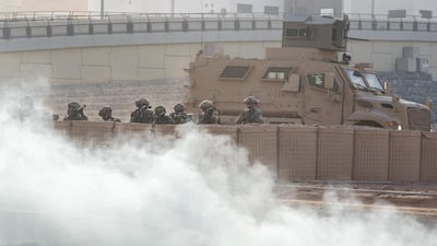 Members of the UAE Armed Forces and the Jordanian Armed Forces participate in the joint military drill at Al Hamra Camp.