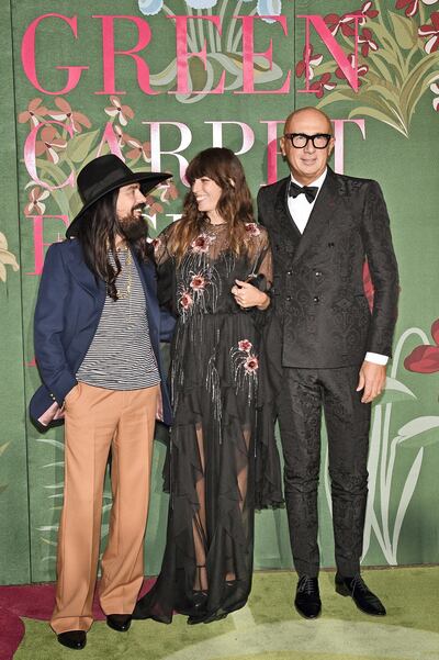 Alessandro Michele, Lou Doillon wearing Gucci and Gucci CEO Marco Bizzarri attend The Green Carpet Fashion Awards, in Milan, Italy. Dave Benett, Getty Images
