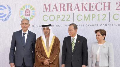 Sheikh Mansour bin Zayed, Deputy Prime Minister and Minister of Presidential Affairs, is flanked on the left by Morocco’s foreign minister Salaheddine Mezouar, and United Nations secretary general Ban Ki-moon and UN climate chief Patricia Espinosa of Mexico. Wam