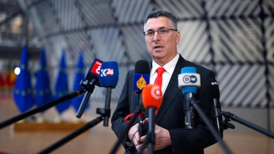 Israeli Foreign Minister Gideon Saar speaks at the EU headquarters in Brussels on Monday. AFP