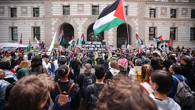 Pro-Palestinian protesters demonstrate outside the Foreign Office in London. PA