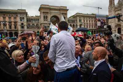 Matteo Salvini great’s members of the crowd during a campaign rally ahead of European Parliamentary elections in Milan. Bloomberg
