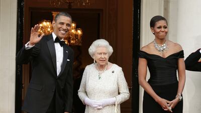 The queen and the Obamas at Winfield House, the residence of the US ambassador. Getty Images
