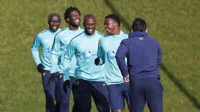 Wilfried Bony, second from left, had no problem finding his place in training with Bacary Sagna, left, Eliaquim Mangala, second from right, and Dedryck Boyataduring. It will be interesting to see how Manuel Pellegrini uses the Ivorian today against Newcastle. Sharon Latham / AP Images