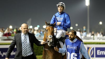 Jockey Christophe Soumillon after guiding Final Song to victory in the Guineas Trial at the opening meeting of the Dubai World Cup Carnival. Pawan Singh / The National