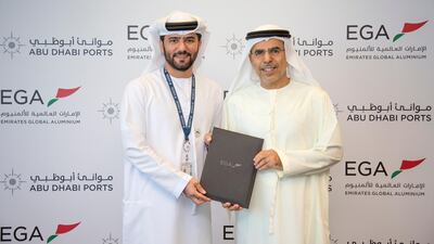 The agreement was signed at EGA’s headquarters by Mohamed Juma Al Shamisi (left), chief executive of Abu Dhabi Ports and Abdulla Kalban, managing director and chief executive of EGA.Photo: EGA