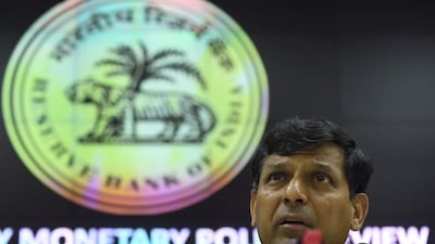 Reserve Bank of India governor Raghuram Rajan announcing interest rate cuts in Mumbai on Tuesday. Punit Paranjpe / AFP