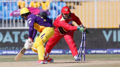 Tom Kohler-Cadmore of Sharjah Warriorz stumped by Azam Khan of Desert Vipers. ILT20