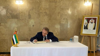 Mikhail Bogdanov, special envoy of the Russian president for the Middle East and Africa and deputy minister of foreign affairs, offers his condolences at the UAE embassy in Moscow. Photo: UAE Embassy, Moscow