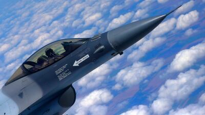 An F-16 Fighting Falcon of the Romanian Air Force. British Foreign Secretary James Cleverly has called for the US to send the jets to Ukraine to help push out Russian forces. EPA