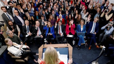 White House press secretary Karoline Leavitt takes a question during a media briefing at the White House. Reuters