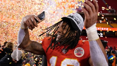 Kansas City Chiefs running back Isiah Pacheco celebrates. AP Photo