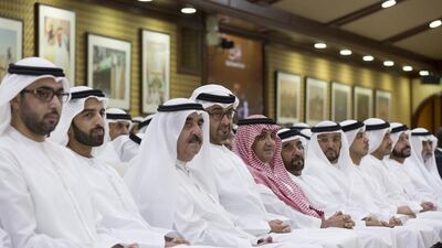 Sheikh Mohammed bin Zayed, Crown Prince of Abu Dhabi and Deputy Supreme Commander of the Armed Forces, with Sheikh Saud bin Rashid Al Mualla, Ruler of Umm Al Quwain, and other dignitaries at a lecture by Dr Dimitri Christakis, professor of paediatrics at the University of Washington, at Monday night’s Ramadan majlis in the capital. Ryan Carter / Crown Prince Court – Abu Dhabi