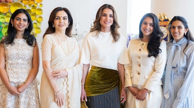 Queen Rania of Jordan, centre, with members of the Ambani family, from left, Isha, Nita, Radhika and Shloka. Photo: Queen Rania / Instagram