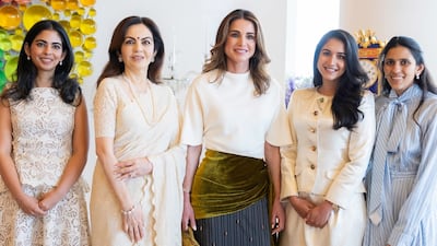 From left: Isha Ambani, Nita Ambani, Queen Rania, Radhika Ambani and Shloka Ambani. Queen Rania / Instagram
