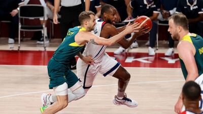 Nathan Sobey of Australia and Khris Middleton of USA during the men's semi-final.