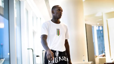 UFC middleweight champion Israel Adesanya training in his hotel room in Abu Dhabi. Courtesy EMG