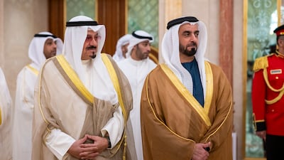 Sheikh Saif bin Zayed, UAE Deputy Prime Minister and Minister of Interior, right, and Sheikh Ahmad Abdullah Al Ahmad Al Sabah, Prime Minister of Kuwait attend a meeting at Bayan Palace