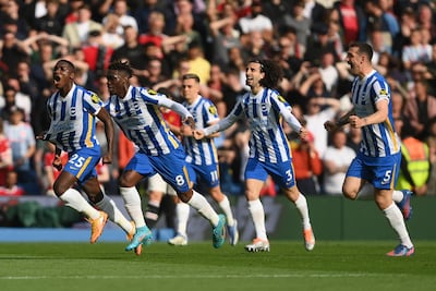 Moises Caicedo celebrates with Yves Bissouma, Marc Cucurella and Lewis Dunk after opening the scoring. Getty