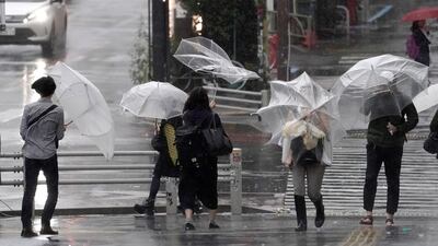 Pedestrians using umbrellas struggle against rain and wind in Tokyo. EPA