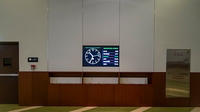 A digital display of prayer timings at the City Centre Al Zahia prayer room in Sharjah. Antonie Robertson / The National