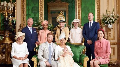 This official christening photograph shows Prince Harry and Meghan, Duchess of Sussex with their son, Archie, and the Duchess of Cornwall, Prince Charles, Doria Ragland, Lady Jane Fellowes, Lady Sarah McCorquodale, Prince William and Catherine, Duchess of Cambridge at Windsor Castle on July 6, 2019. Reuters
