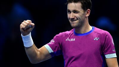 Casper Ruud celebrates after beating Carlos Alcaraz at the ATP finals in Turin on November 11, 2024. Getty Images