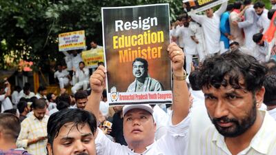 Indian Youth Congress members protest over allegations of paper leaks and fraud in the NEET-UG medical examination, in New Delhi on June 27. EPA