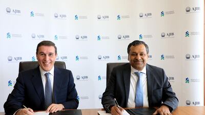 Hani Al Qadi, chairman of AJIB, and Akil Mahesh, head of strategic projects for Standard Chartered in the Middle East. Photo: AJIB