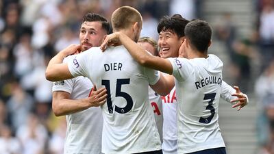 Tottenham players celebrate with Son Heung-Min after his free-kick goal against Watford. AFP