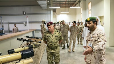 King Abdullah II, King of Jordan (2nd R), attends the UAE and Jordan joint military drill, Titled ‘Bonds of Strength’, at Al Hamra Camp.