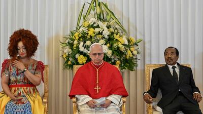 Pope Leo XIV with Cameroon's President Paul Biya and his wife Chantal Biya at the Presidential Palace in Yaounde. AFP