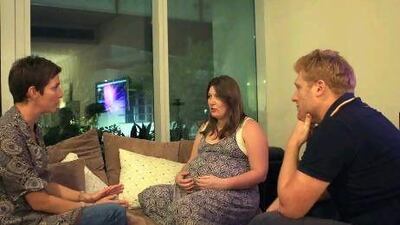 Doula Natalie, left, conducts a pre-natal session with two of her clients in their Abu Dhabi home. Ravindranath K / The National