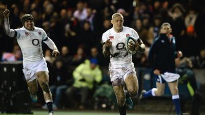 Mike Brown of England scores a try during the RBS Six Nations match against Scotland on Saturday in Edinburgh,Scotland. Jeff J Mitchell/Getty Images