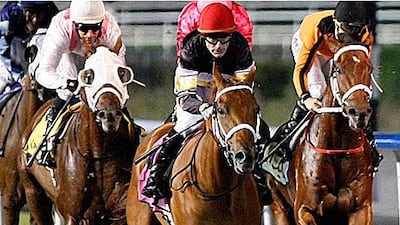 Kilt Rock, ridden here by Kieren Fallon (red cap), is a fancied runner at Meydan tonight.