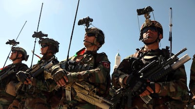 Afghan security forces attend a ceremony to mark the Independence Day in Herat, Afghanistan, 19 August 2019. EPA