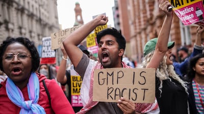 A Stand Up To Racism demonstration in Manchester after a video showing a police officer kicking and stamping on a man’s head went viral. PA