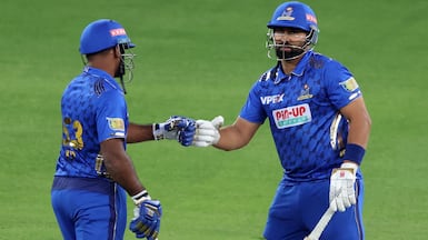UAE captain Muhammad Waseem, right, during the ILT20 earlier this year at the Dubai International Stadium. Chris Whiteoak / The National