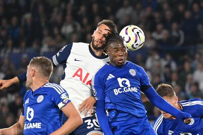 Rodrigo Bentancur of Tottenham Hotspur clashes heads with Abdul Fatawu of Leicester City, for which he received medical treatment and left the pitch injured. Getty Images