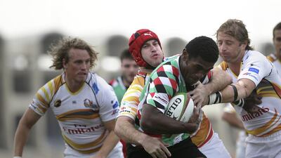 Abu Dhabi Harlequins, in green and red, do not plan on letting Jebel Ali stop them this time around for the Gulf Top Six title. Silvia Razgova / The National)